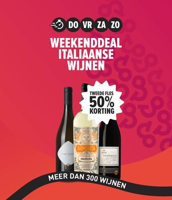 Weekenddeal 300+ italiaanse wijnen tweede fles 50% korting.
